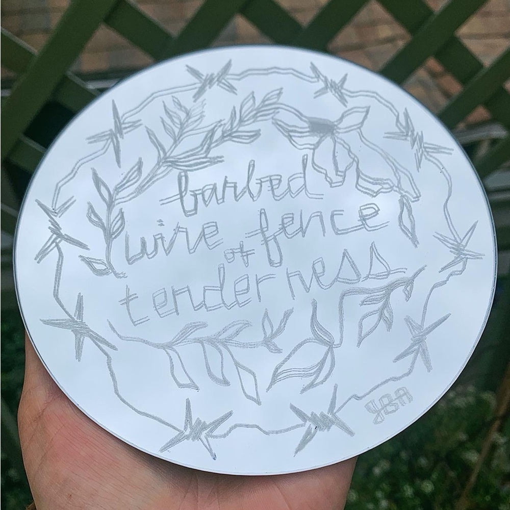 Hand-engraved Mirror with Floral, Poetry and Barbed Wire Design
